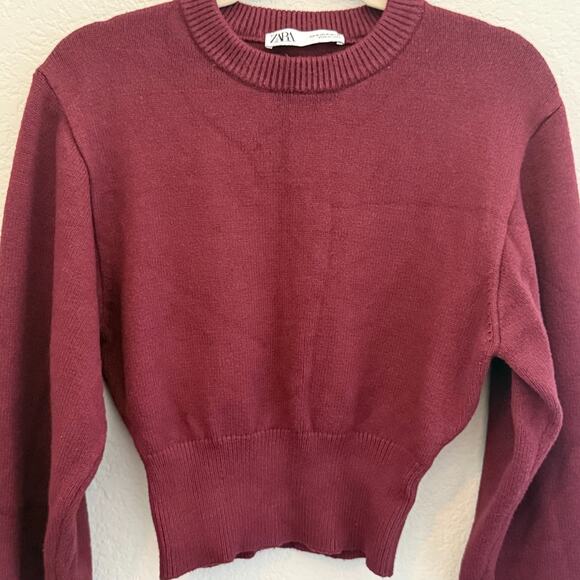 ZARA Cropped Knit Sweater Burgundy Ribbed Hem Crew Neck Long Sleeve Womens M Top - Picture 3 of 7